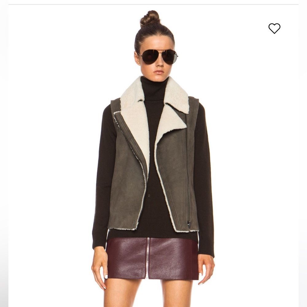 Vince Asymmetric Shearling Vest in Off White and Olive Green M